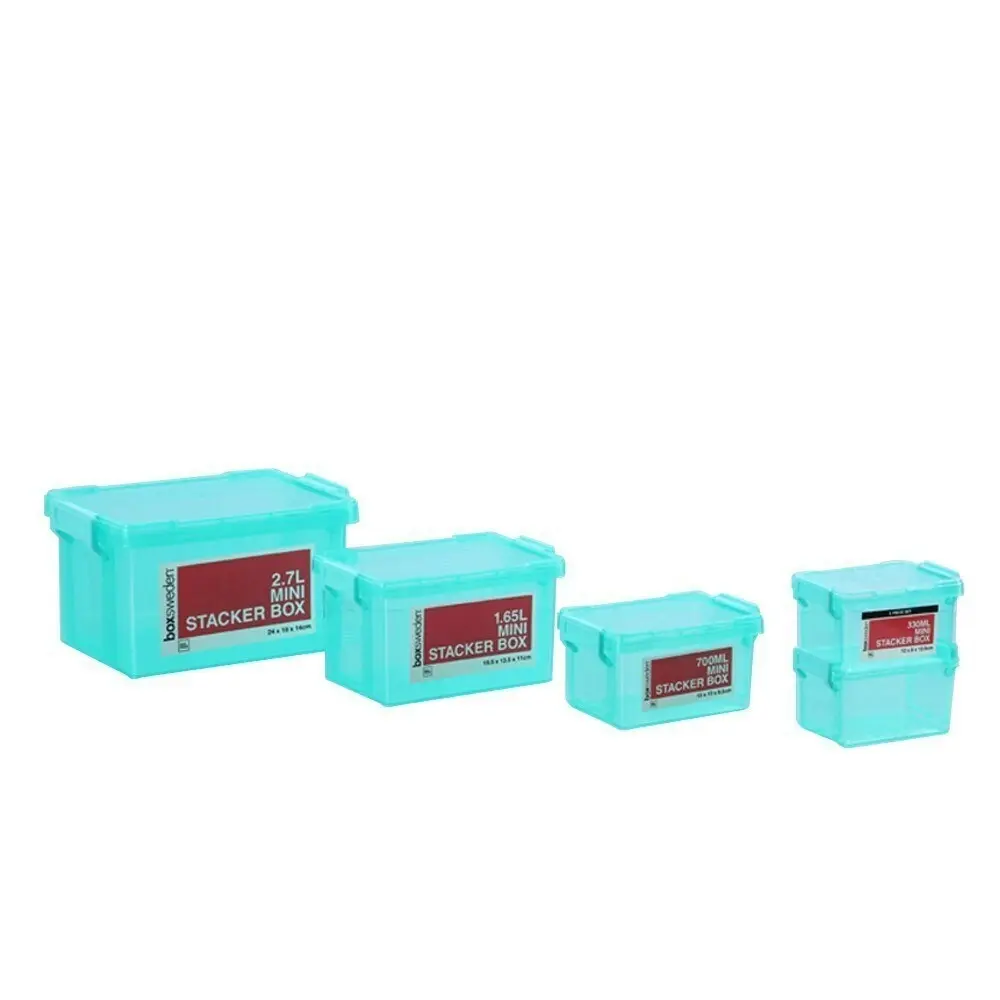 3x Boxsweden 2.7L Mini Stacker Box 24cm w/ Clip Lock Lid Storage Container Teal