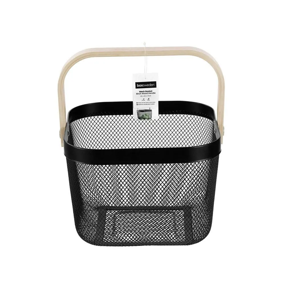 Boxsweden 25x25x17cm Mesh Home Storage Basket/Organiser w/Wooden Handle Black