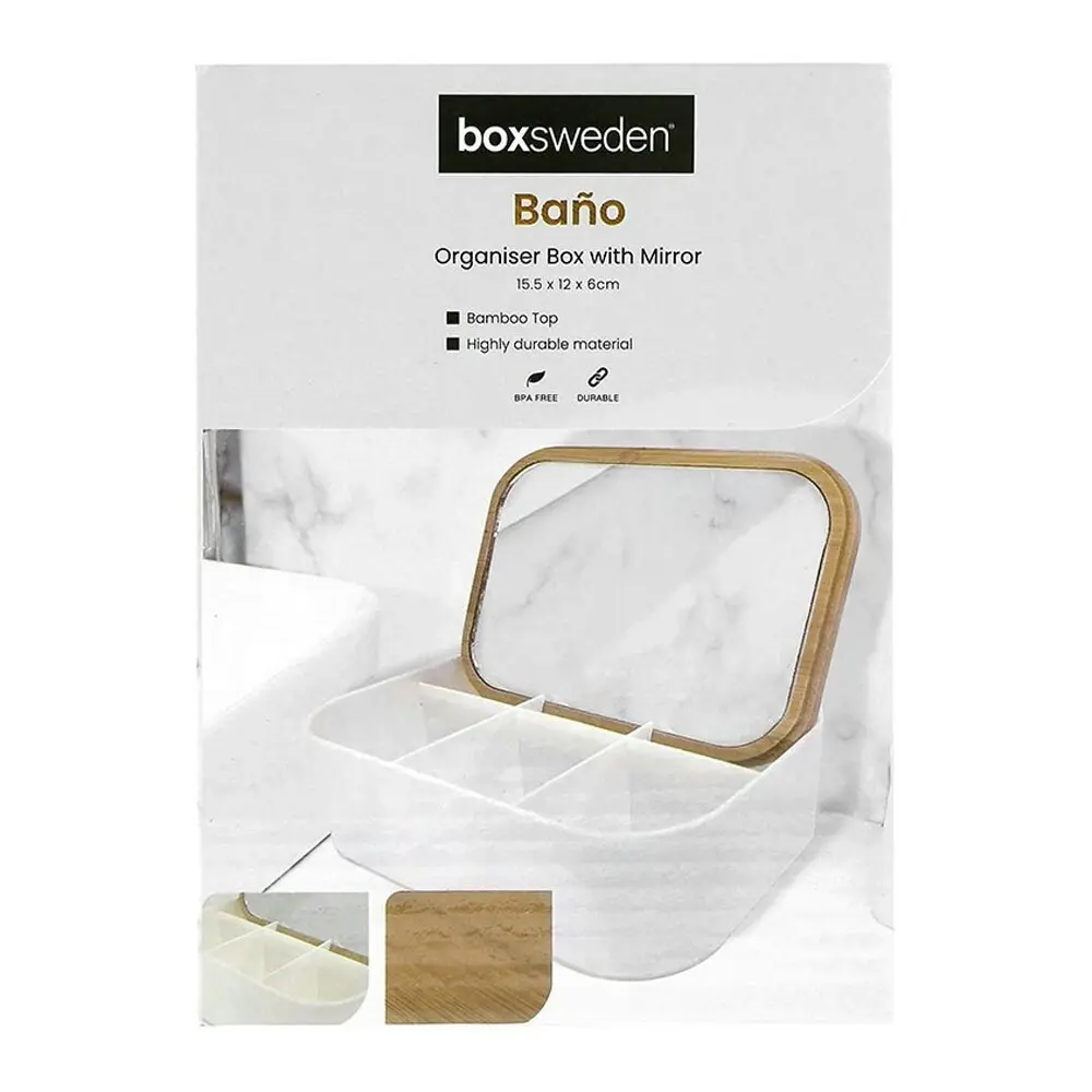 Boxsweden Bano Rectangle 15.5cm Organiser Home Storage w/ Mirror Bamboo Top