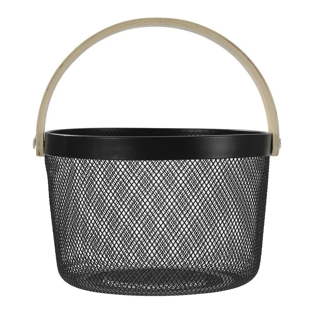 Boxsweden 26x18cm Mesh Round Home Storage Basket w/ Wood Handle Organiser Black