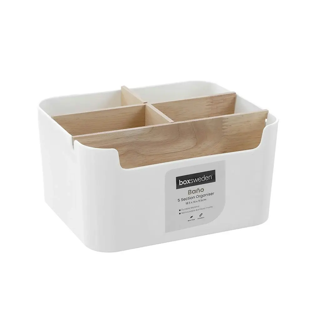 Boxsweden 18.5cm Bano Organiser 5 Section Bamboo Bathroom/Home Storage Box WHT