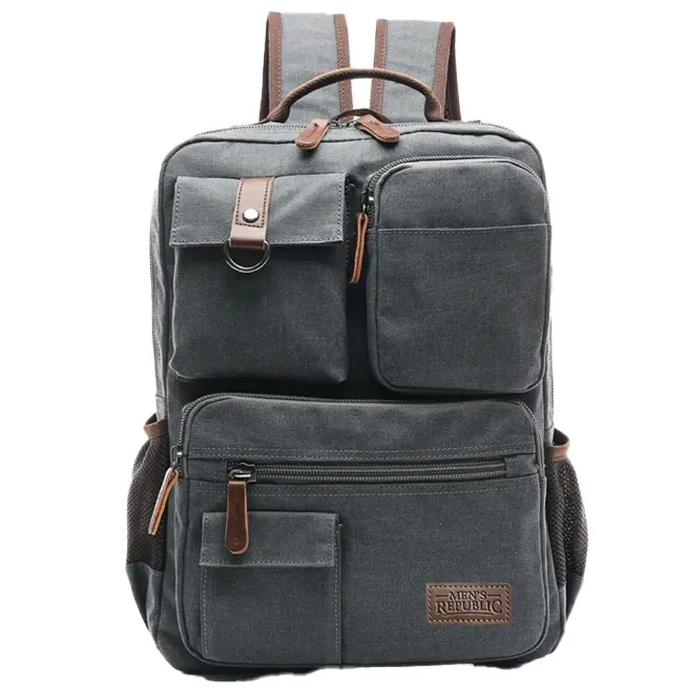 Men's Republic 8 Compartment Canvas Vintage Look Laptop Backpack - Grey