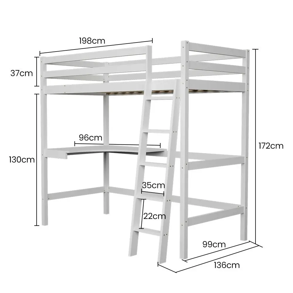 Kingston Slumber Wooden Kids Single Loft Bed Frame with Desk - White