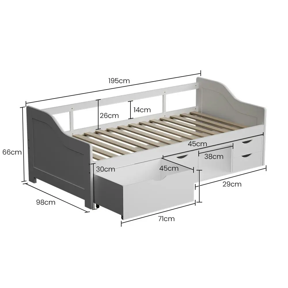 Kingston Slumber Wooden Single Sofa Bed Frame with Storage Drawers - White