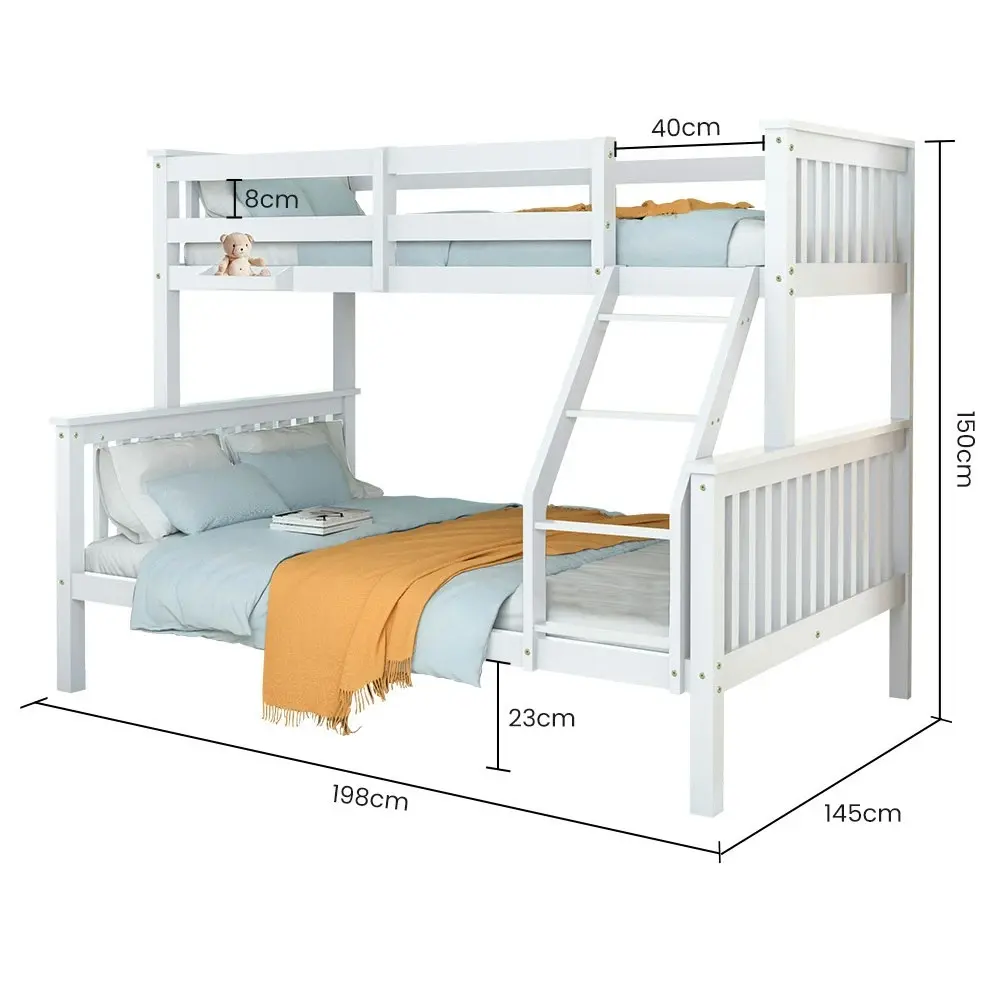 Kingston Slumber Single Over Double Wooden Bunk Bed Frame, Triple Solid Pine 2-in-1 Modular Design, Converts to 2 Beds, For Kids, White