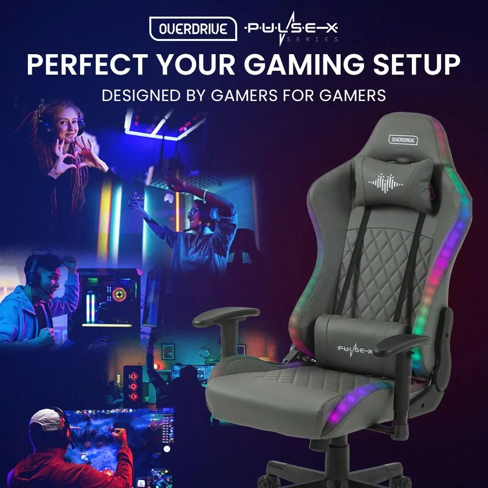 Overdrive Gaming Chair, with Bluetooth Speakers, RGB LED Lights, Reclining Game Armchair, Grey