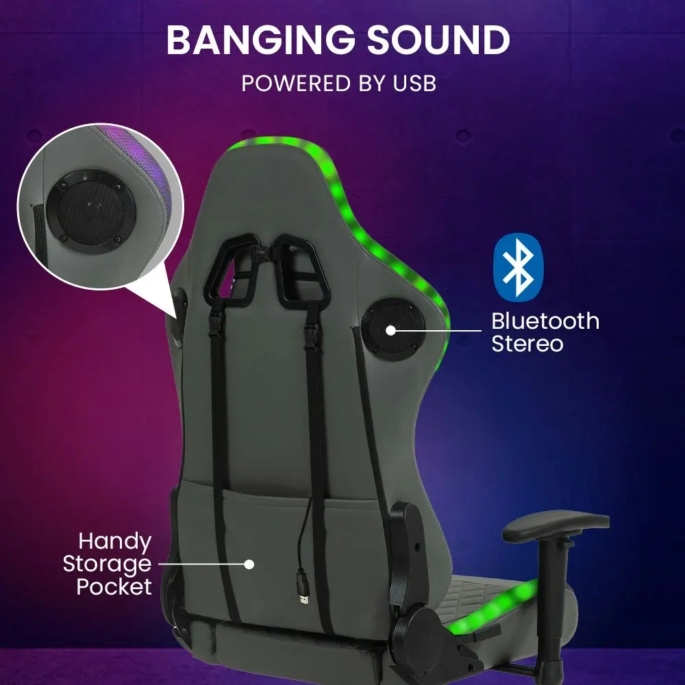 Overdrive Gaming Chair, with Bluetooth Speakers, RGB LED Lights, Reclining Game Armchair, Grey