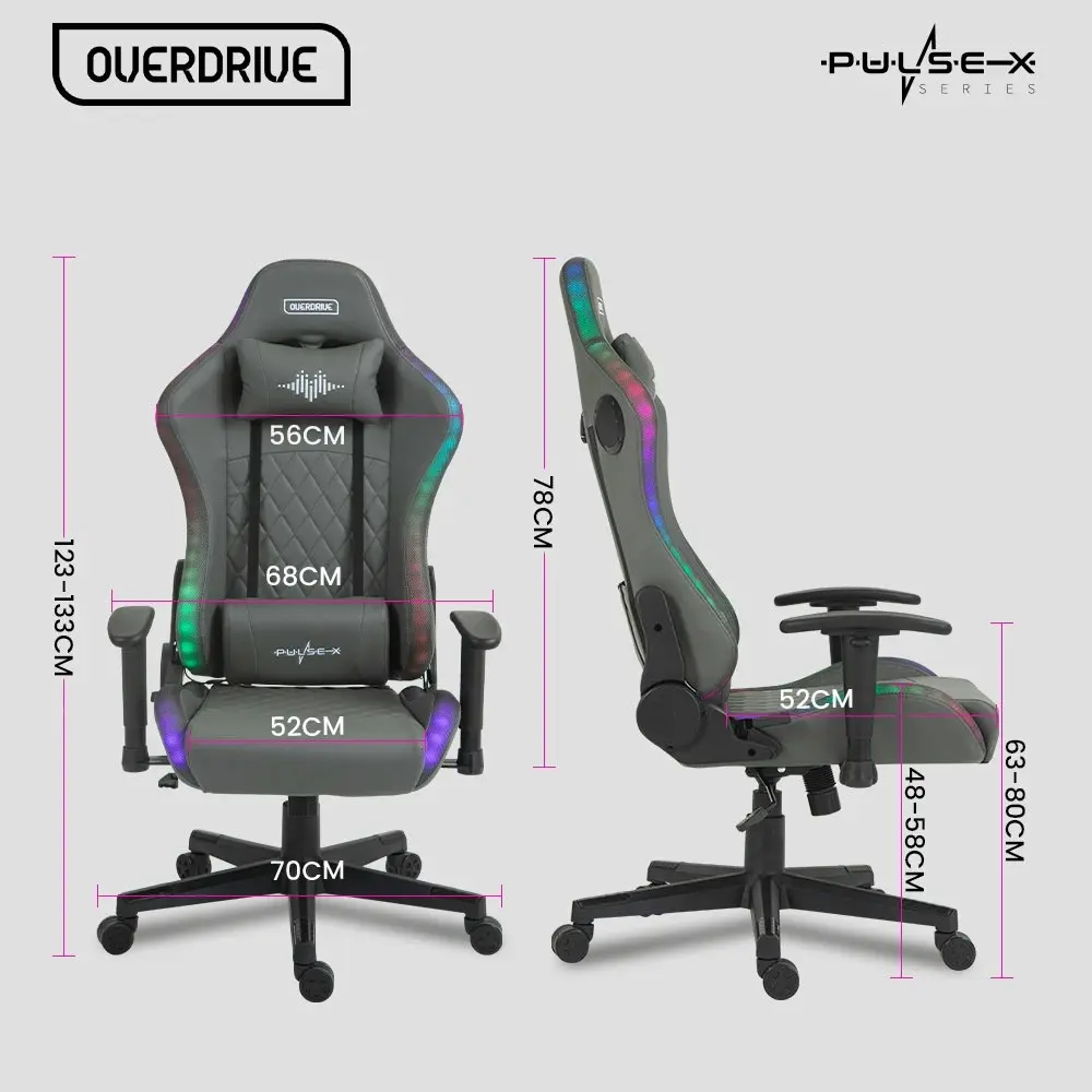 Overdrive Gaming Chair, with Bluetooth Speakers, RGB LED Lights, Reclining Game Armchair, Grey