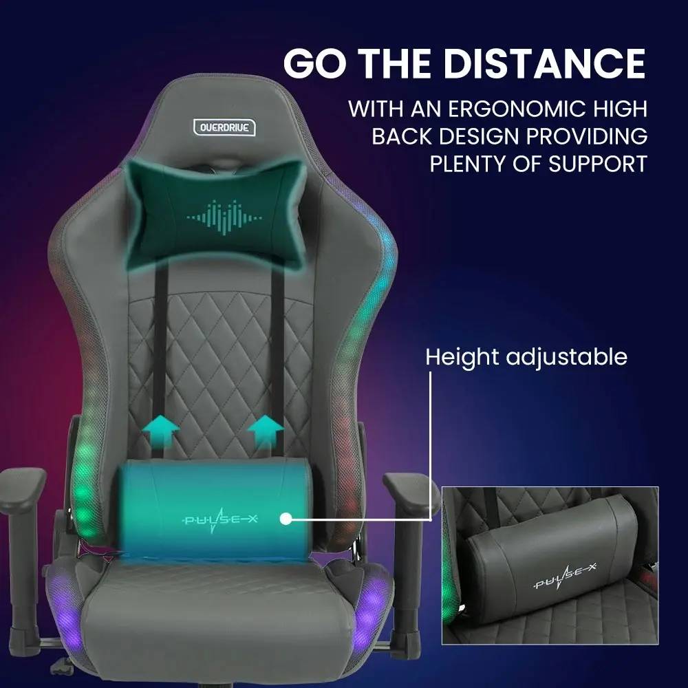 Overdrive Gaming Chair, with Bluetooth Speakers, RGB LED Lights, Reclining Game Armchair, Grey