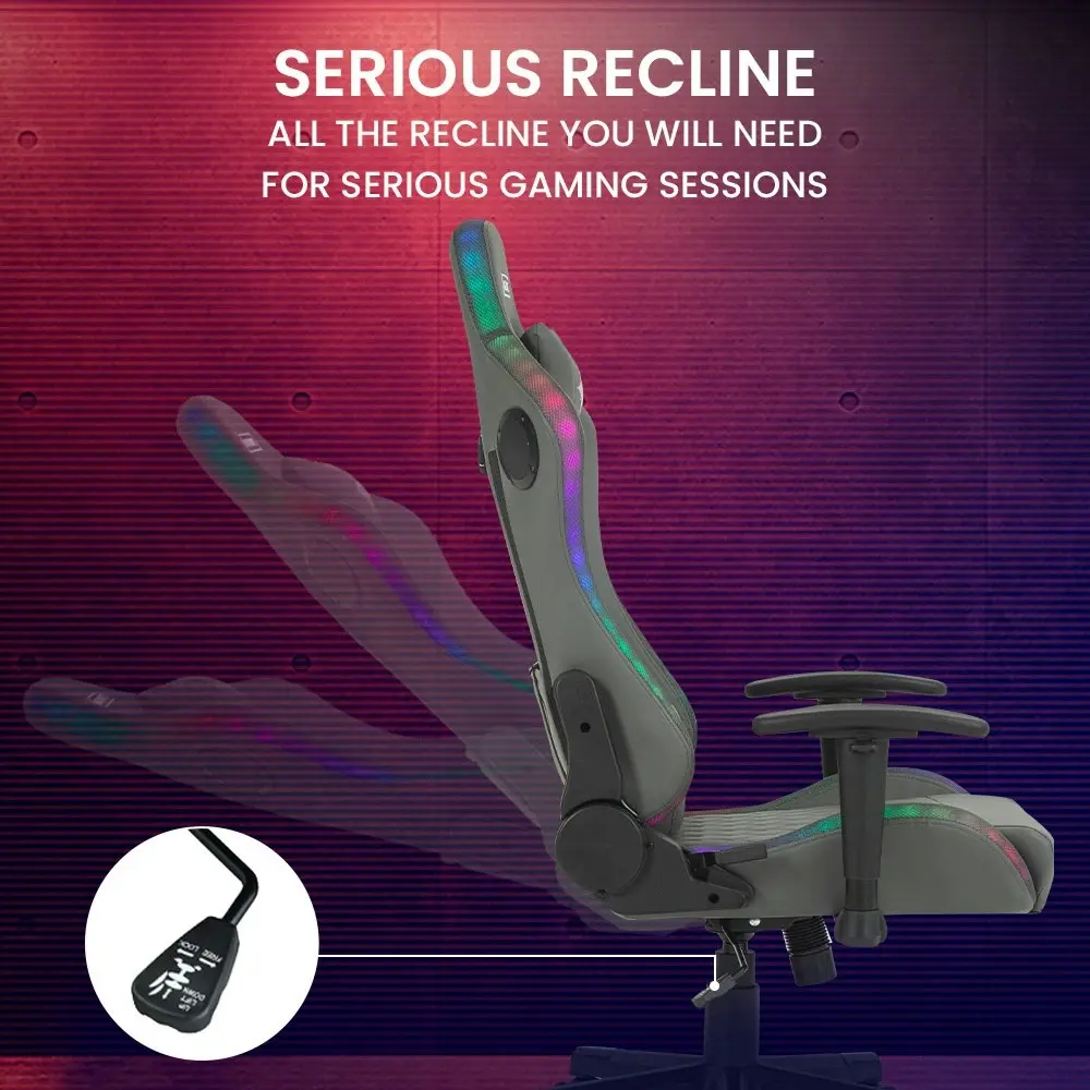 Overdrive Gaming Chair, with Bluetooth Speakers, RGB LED Lights, Reclining Game Armchair, Grey