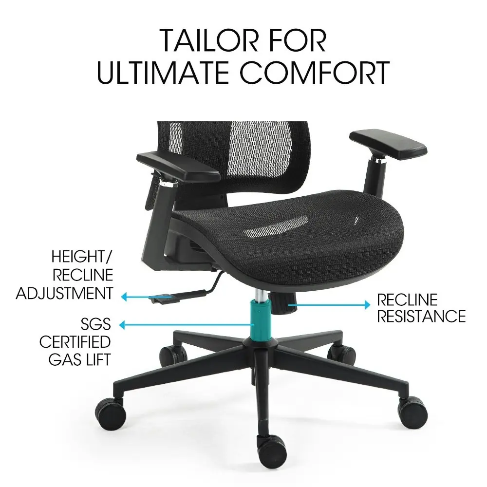 Fortia Ergonomic Office Desk Chair, Coolmesh Fabric, Adjustable Lumbar Support, Headrest, Armrest and Recline, Black Mesh/Black Frame