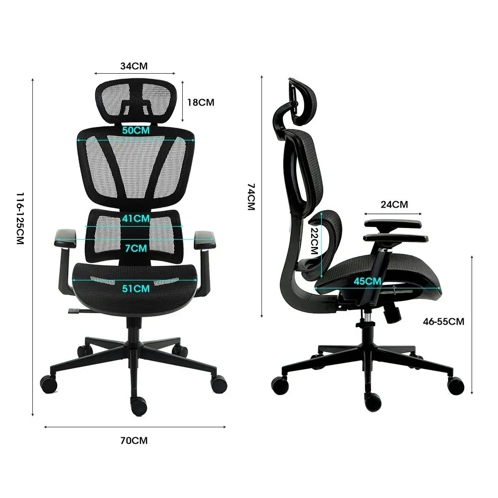 Fortia Ergonomic Office Desk Chair, Coolmesh Fabric, Adjustable Lumbar Support, Headrest, Armrest and Recline, Black Mesh/Black Frame