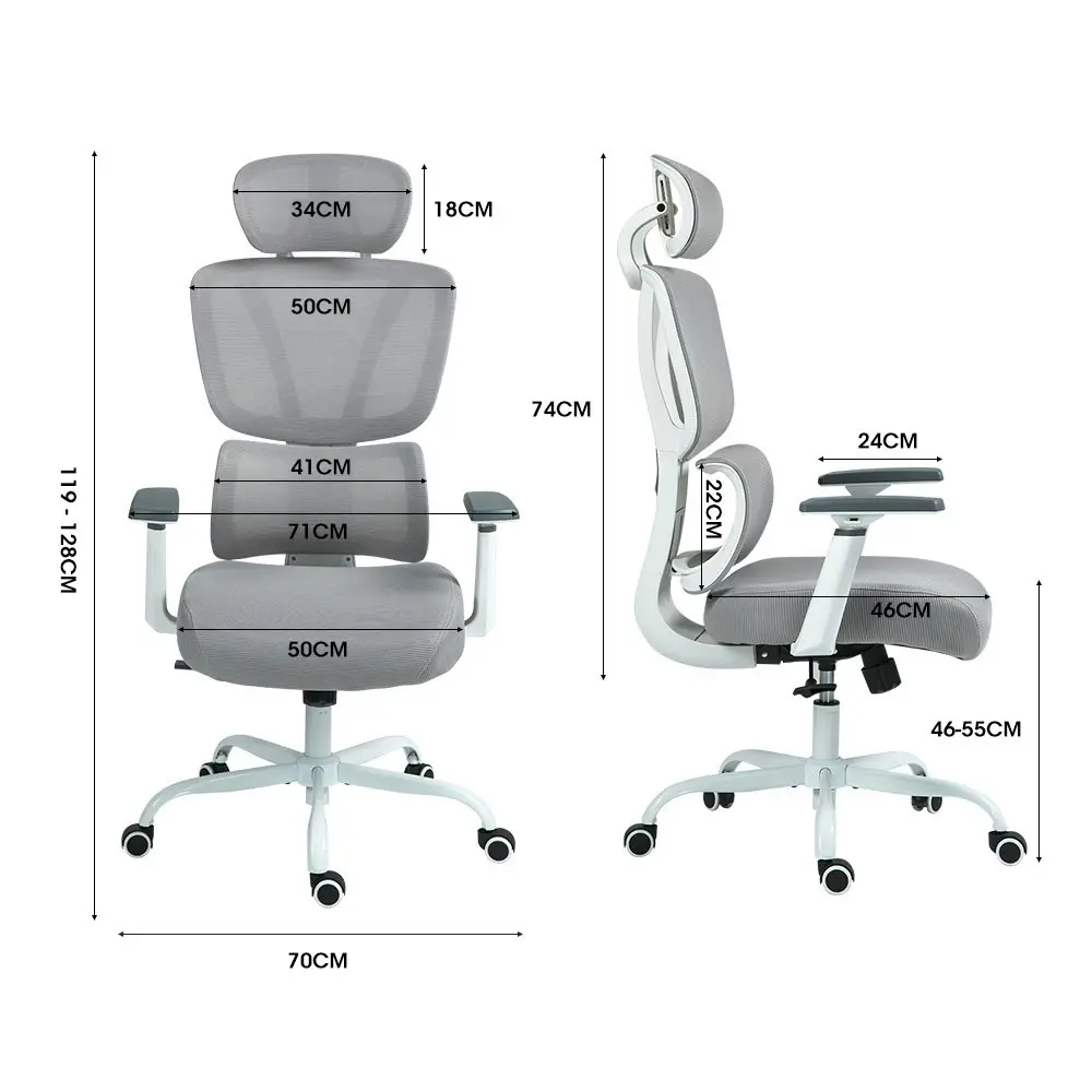 Fortia Ergonomic Office Desk Chair, Coolmesh Fabric, Adjustable Lumbar Support, Headrest, Armrest and Recline, White Mesh/Grey Frame