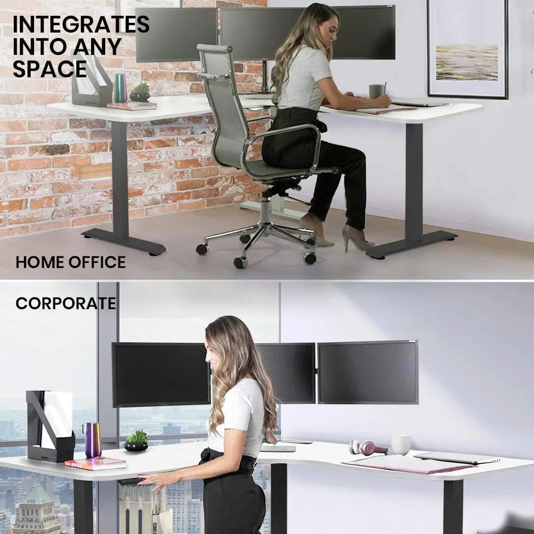 Fortia Corner Standing Desk, 1730W x 1730W x 750D, 3 Motors, 120kg Load, Sit to Stand Up Electric Height Adjustable, White/Black Frame