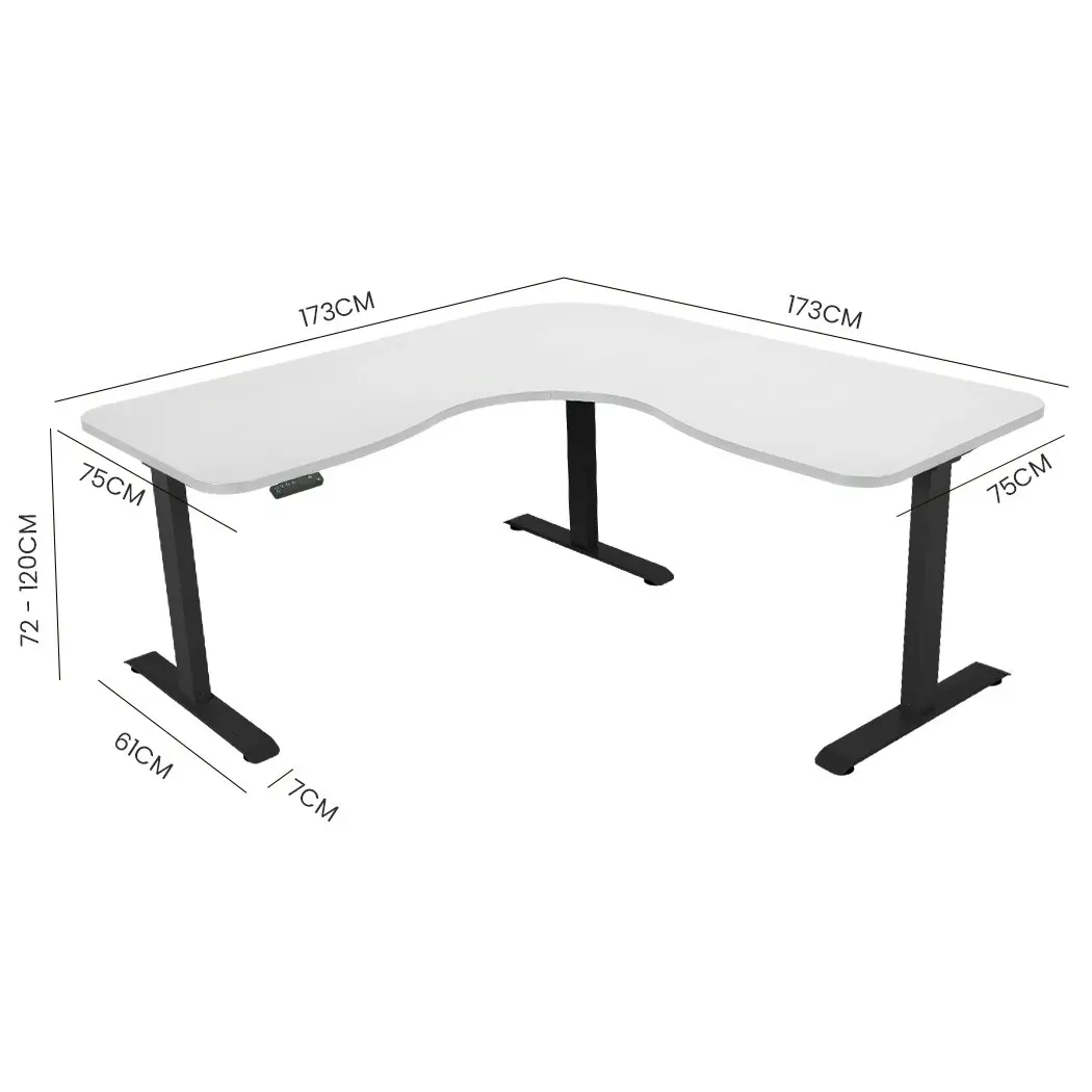 Fortia Corner Standing Desk, 1730W x 1730W x 750D, 3 Motors, 120kg Load, Sit to Stand Up Electric Height Adjustable, White/Black Frame