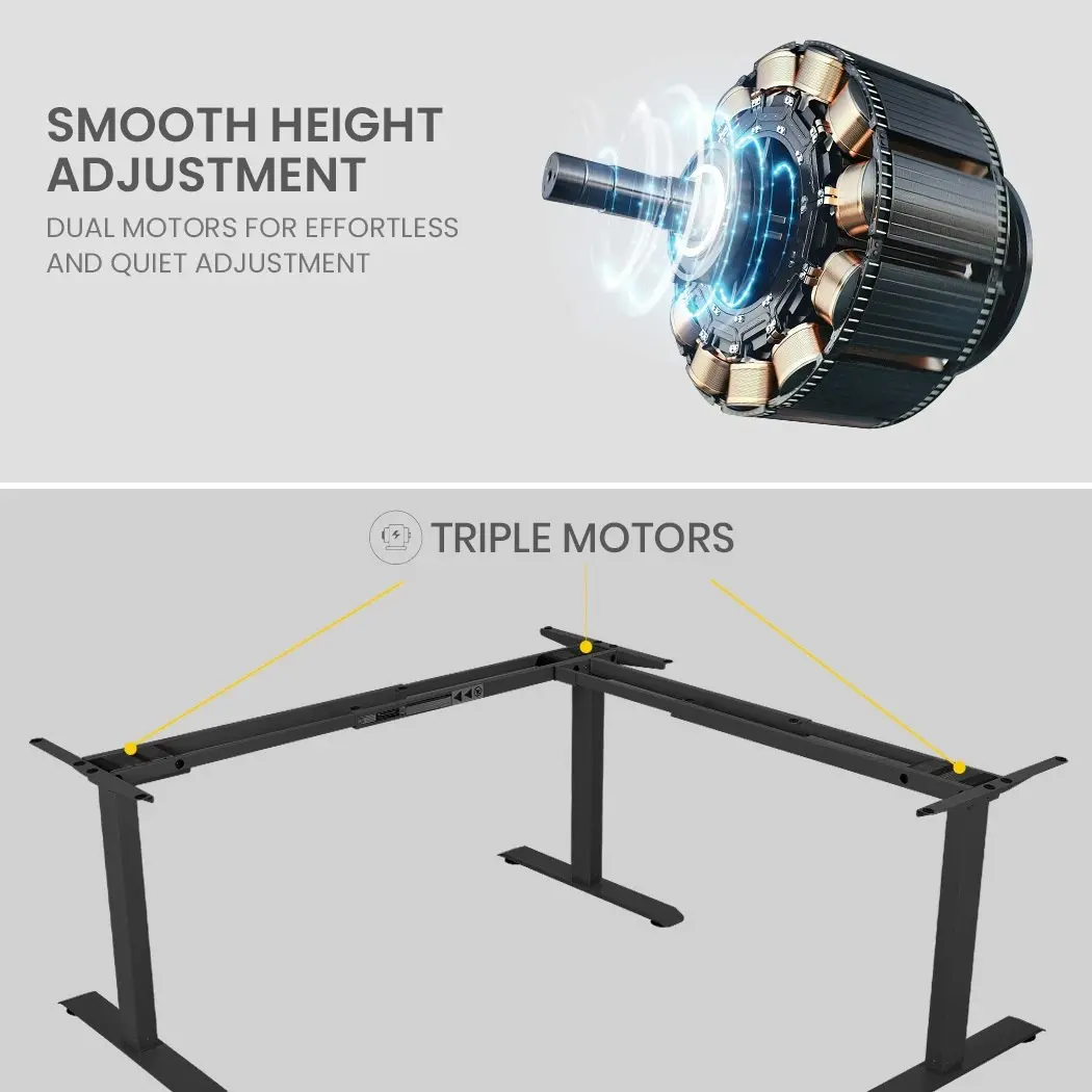 Fortia Corner Standing Desk, 1730W x 1730W x 750D, 3 Motors, 120kg Load, Sit to Stand Up Electric Height Adjustable, White/Black Frame