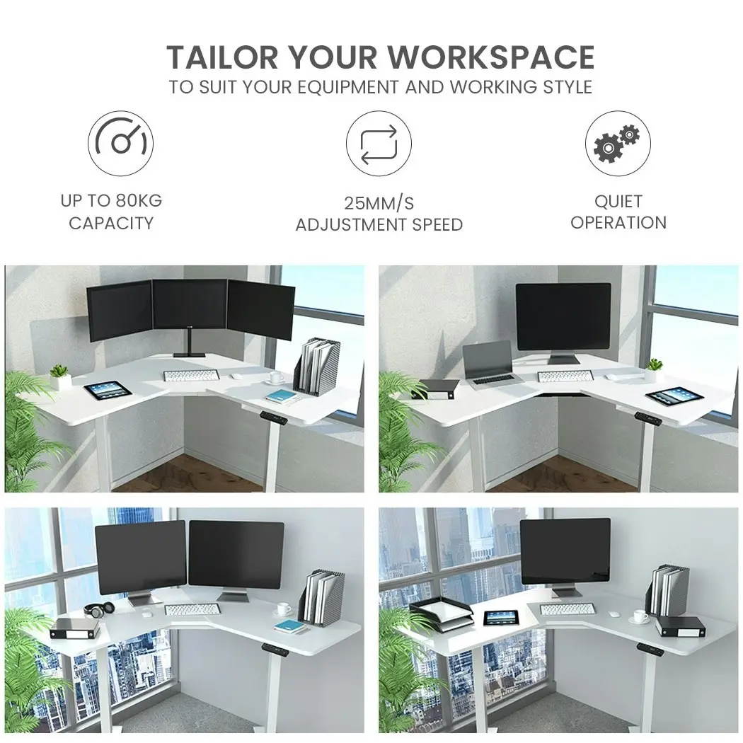 Fortia Corner Standing Desk, 980W x 980W x 480D, Dual Motor, 80kg Load, Sit to Stand Up Electric Height Adjustable, White/White Frame