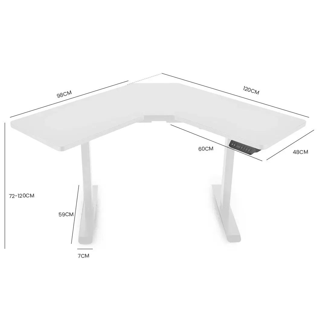 Fortia Corner Standing Desk, 980W x 980W x 480D, Dual Motor, 80kg Load, Sit to Stand Up Electric Height Adjustable, White/White Frame