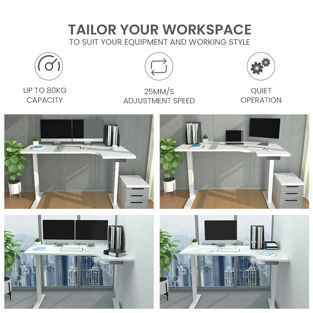 Fortia 145W x 60D x 85D Dual-Motor 80kg Load Adjustable Sit-Stand Up R-Hand Sided Corner Desk - White/White Frame