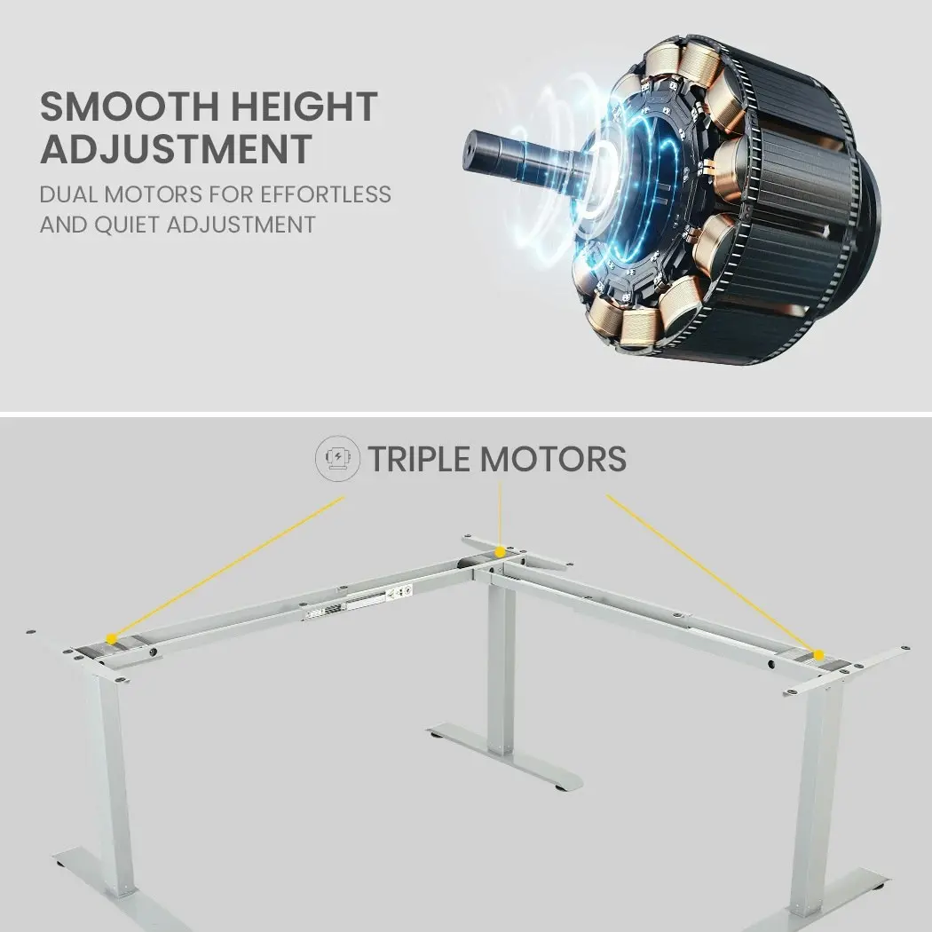 Fortia Corner Standing Desk, 1730W x 1730W x 750D, 3 Motors, 120kg Load, Sit to Stand Up Electric Height Adjustable, White/Silver Frame