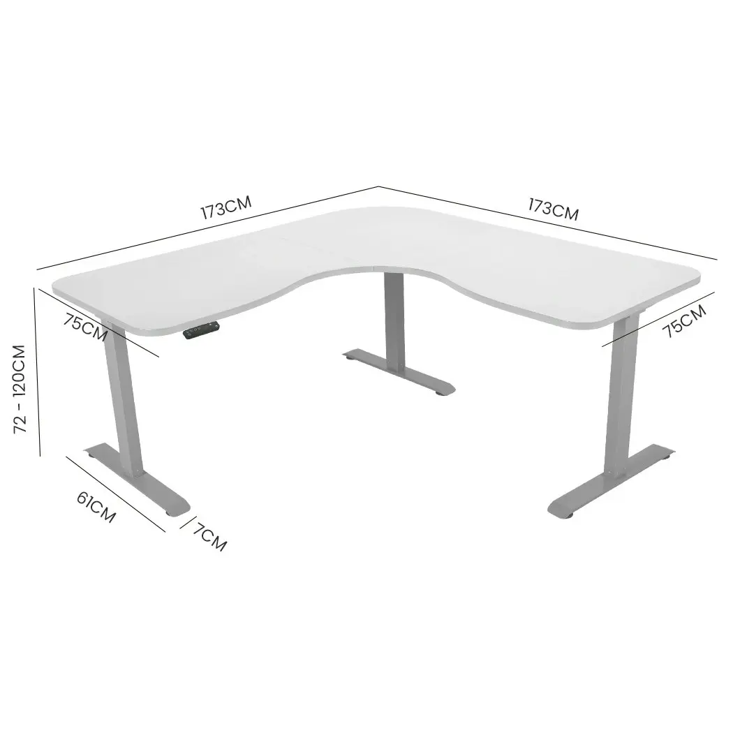 Fortia Corner Standing Desk, 1730W x 1730W x 750D, 3 Motors, 120kg Load, Sit to Stand Up Electric Height Adjustable, White/Silver Frame