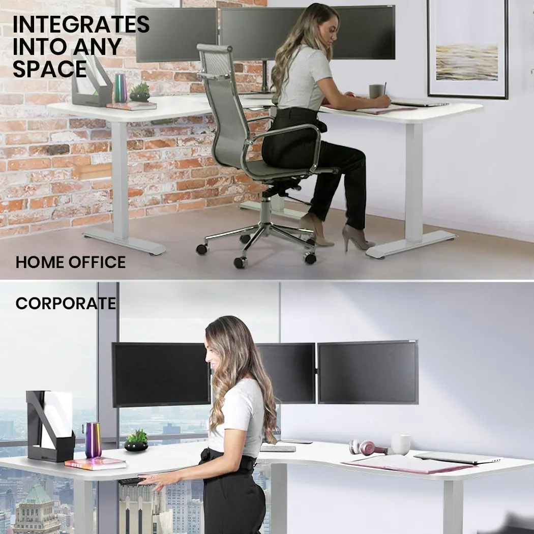 Fortia Corner Standing Desk, 1730W x 1730W x 750D, 3 Motors, 120kg Load, Sit to Stand Up Electric Height Adjustable, White/Silver Frame