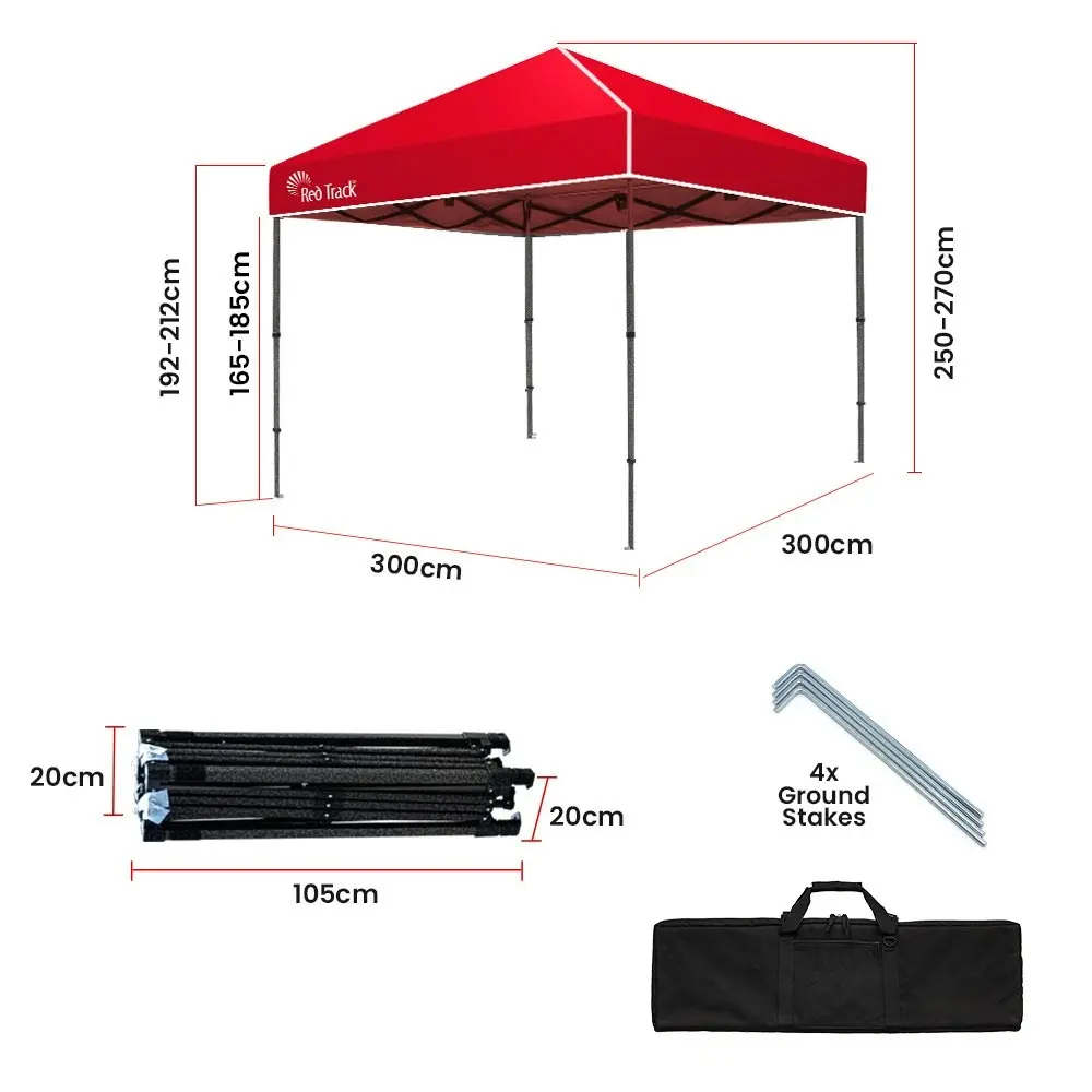 Red Track 3x3M Folding Gazebo, Outdoor Shade Pop Up Tent Foldable Marquee, with Carry Bag, Red