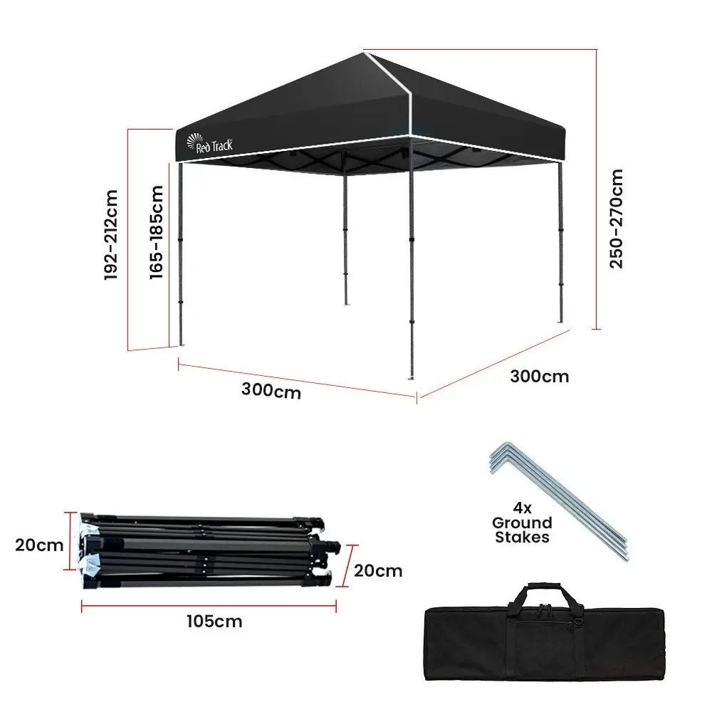 Red Track 3x3m Folding Gazebo, Most Compact Foldable Design, Carry bag, Portable Outdoor Popup Marquee for Camping Beach, Black