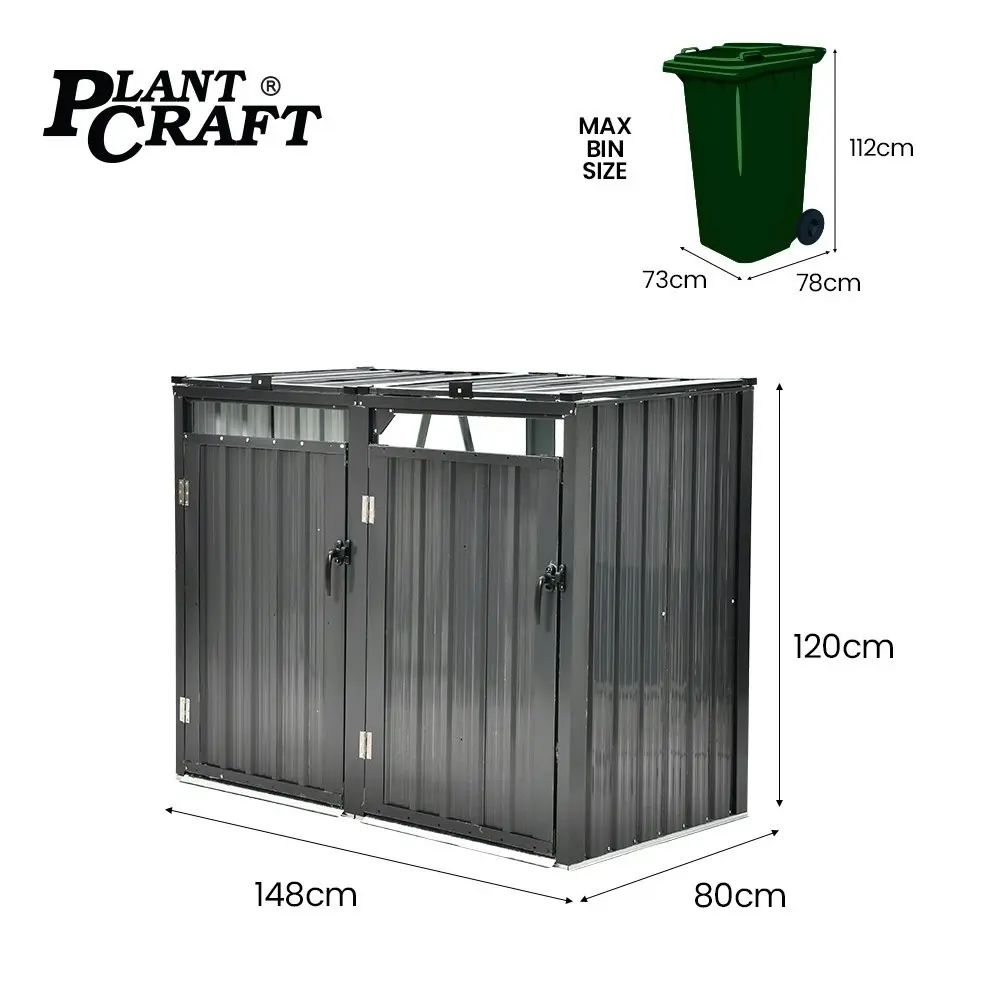 PlantCraft Double Steel Wheelie Garbage Bin Storage Shed, Enclosure with 2 Opening Doors