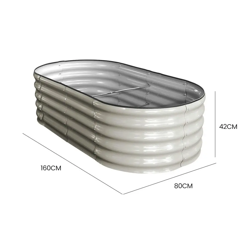 MY FARM 160 x 80 x 42cm Raised Garden Bed, Oval, Corrugated Metal, Light Grey