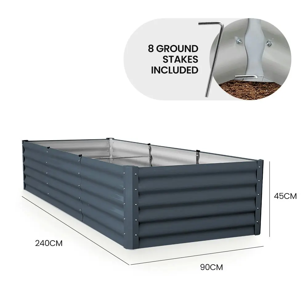 MY FARM 240 x 90 x 45cm Raised Garden Bed, Rectangular, Corrugated Metal, with Ground Stakes, Dark Grey