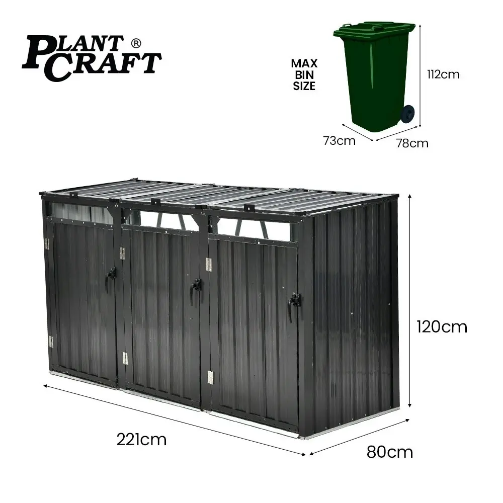 PlantCraft Triple Steel Wheelie Garbage Bin Storage Shed, Enclosure with 3 Opening Doors