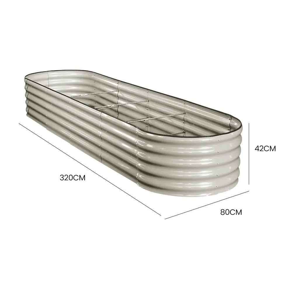 MY FARM 320 x 80 x 42cm Raised Garden Bed, Oval, Corrugated Metal, Light Grey