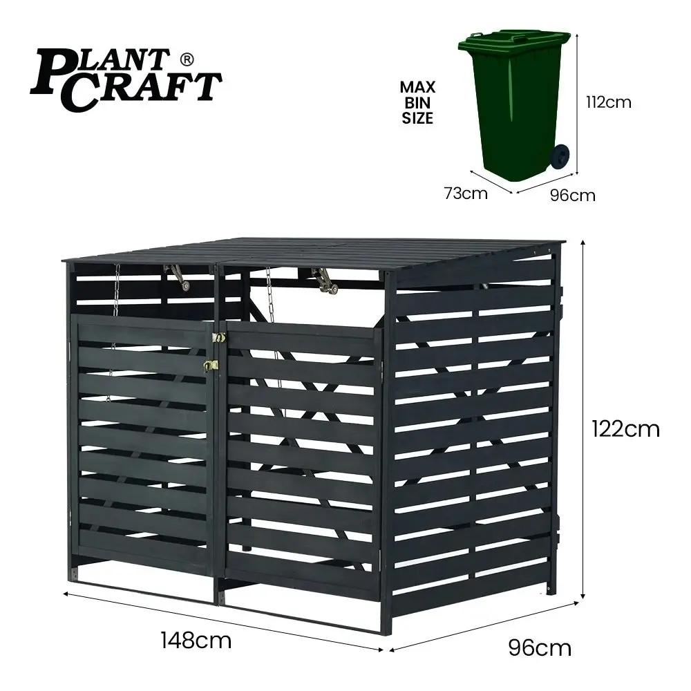 PlantCraft Double Wood Wheelie Bins Storage Shed, 2 Door Garbage Rubbish Bin Enclosure