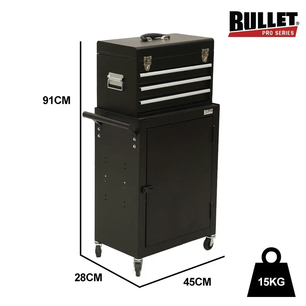 Bullet 3 Drawer Tool Box Cabinet Trolley Storage, with 1-Door Toolbox Garage Organiser Set, Black