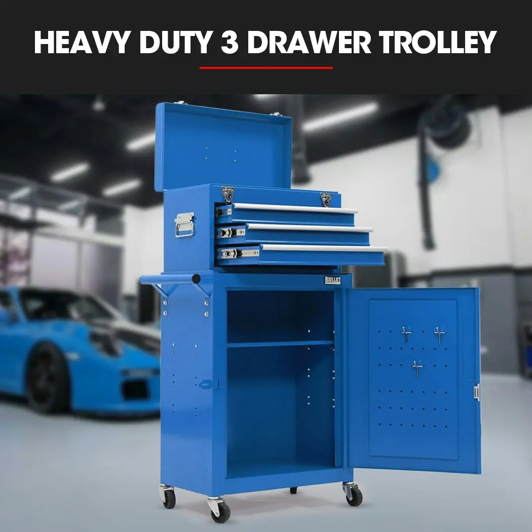 Bullet 3 Drawer Tool Box Cabinet Trolley Storage, with 1-Door Toolbox Garage Organiser Set, Blue