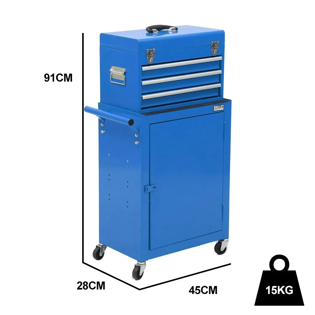 Bullet 3 Drawer Tool Box Cabinet Trolley Storage, with 1-Door Toolbox Garage Organiser Set, Blue