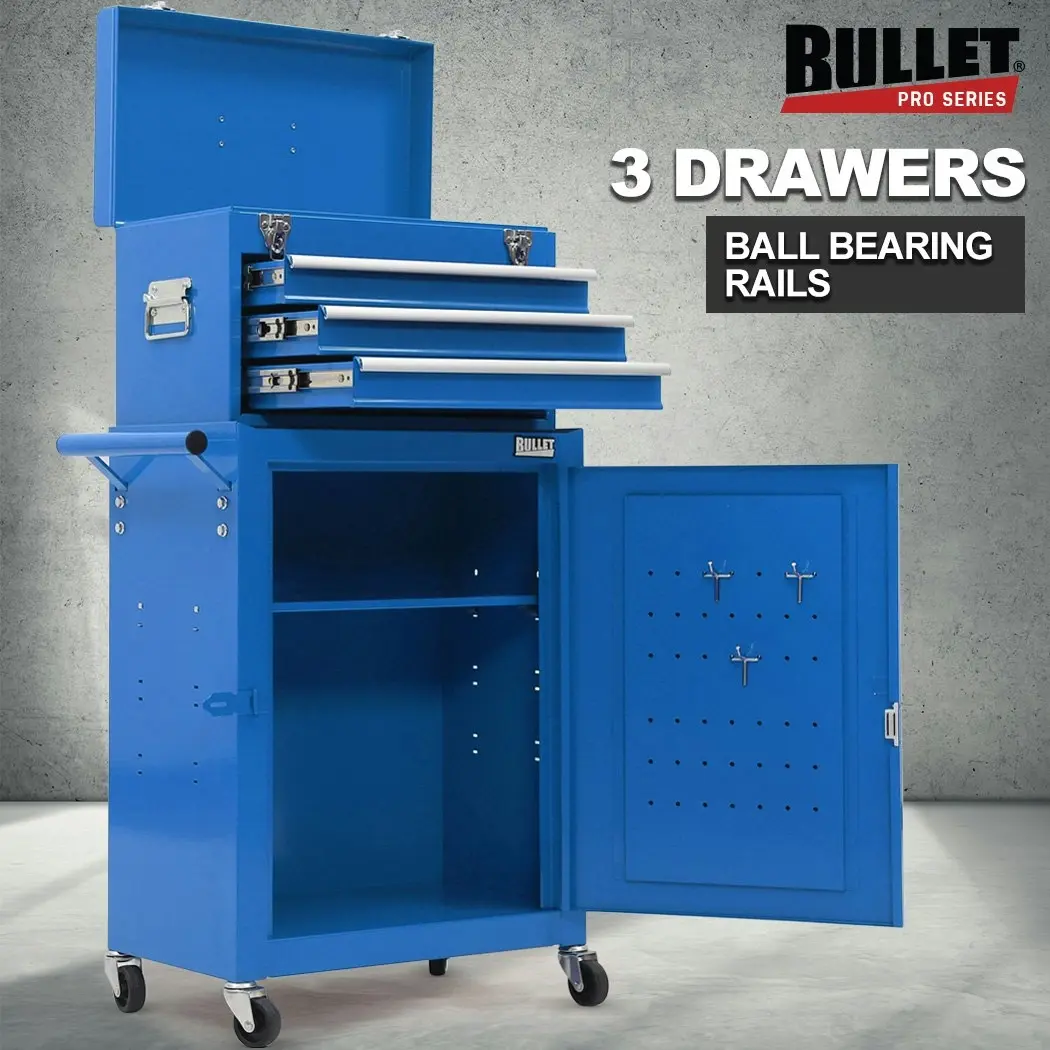 Bullet 3 Drawer Tool Box Cabinet Trolley Storage, with 1-Door Toolbox Garage Organiser Set, Blue