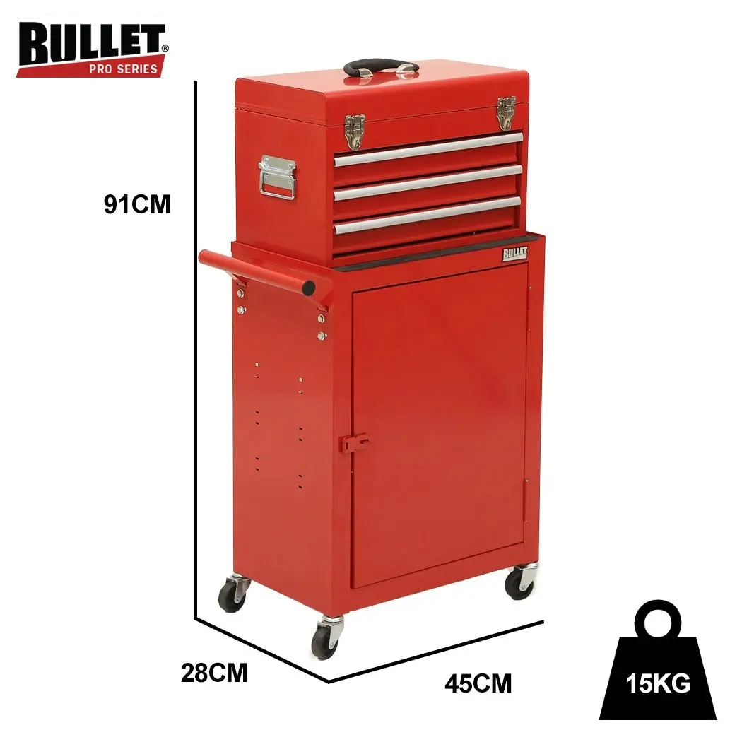 Bullet 3 Drawer Tool Box Cabinet Trolley Storage, 1-Door Toolbox Garage Organiser Set, Red