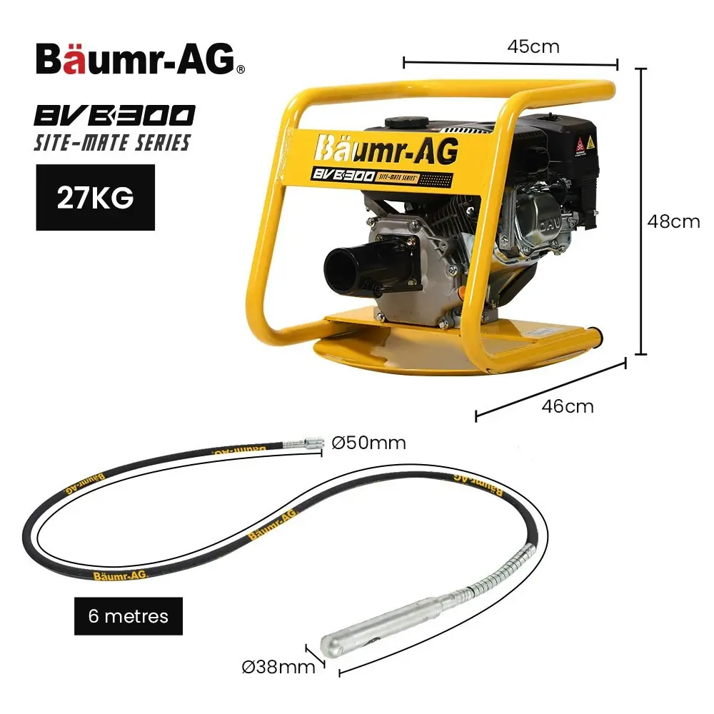 Baumr-AG 6.5HP Concrete Vibrator Drive Unit, and 6M x 38mm Vibrating Shaft Combo