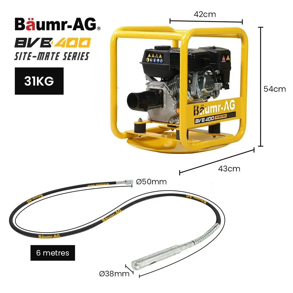 Baumr-AG 6.5HP Full Frame Concrete Vibrator Drive Unit, and 6M x 38mm Vibrating Shaft Combo