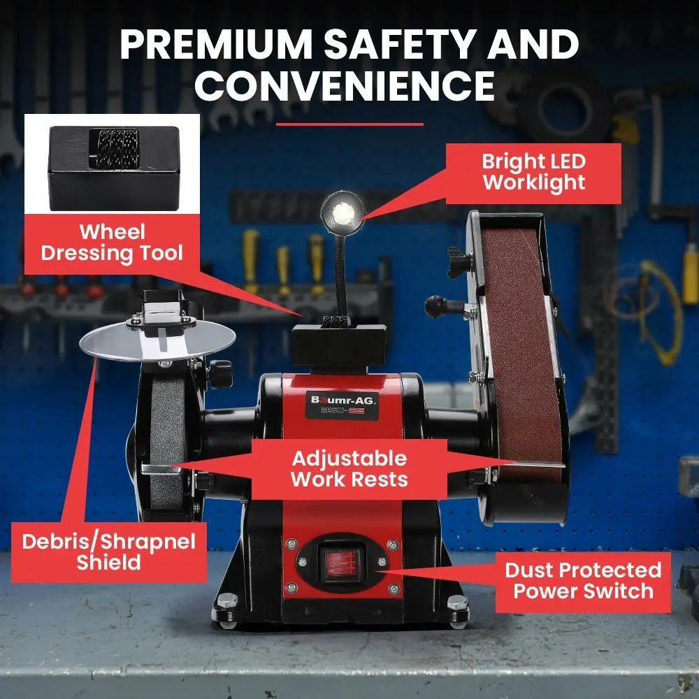 Baumr-AG Bench Grinder and Belt Sander Combo, 150mm Grinding Disc, 50 x 686mm Linisher, Brushless Motor, Worklight