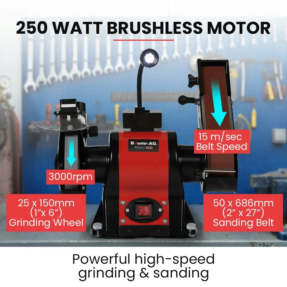 Baumr-AG Bench Grinder and Belt Sander Combo, 150mm Grinding Disc, 50 x 686mm Linisher, Brushless Motor, Worklight