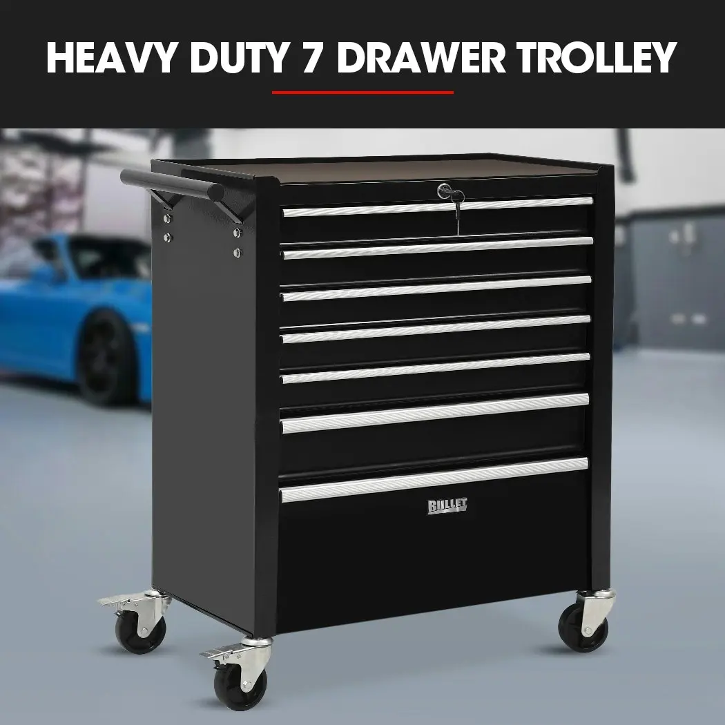 BULLET 7 Drawer Tool Box Cabinet Trolley Storage, Toolbox Garage Organiser Set, Black