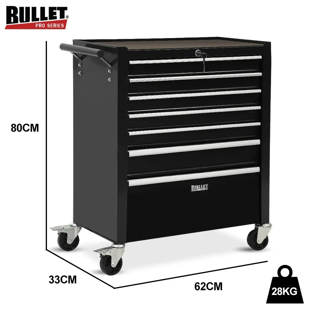 BULLET 7 Drawer Tool Box Cabinet Trolley Storage, Toolbox Garage Organiser Set, Black