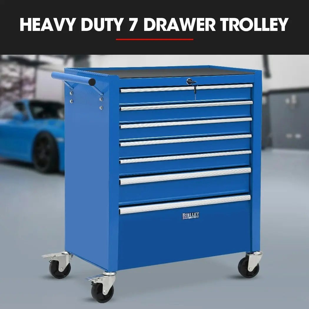 BULLET 7 Drawer Tool Box Cabinet Trolley Storage, Toolbox Garage Organiser Set, Blue