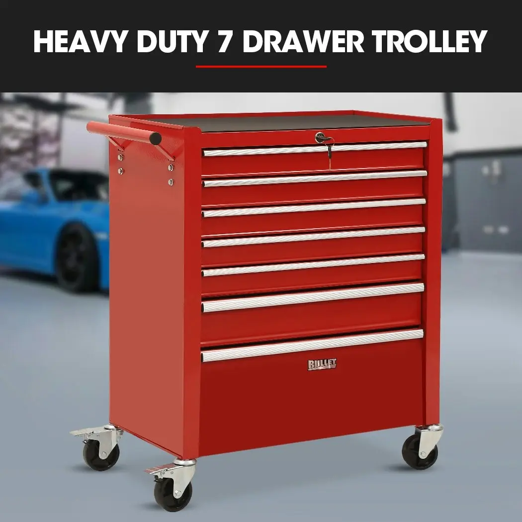 BULLET 7 Drawer Tool Box Cabinet Trolley Storage, Toolbox Garage Organiser Set, Red