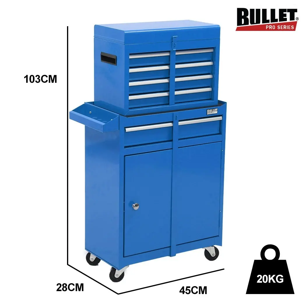 Bullet 5 Drawer Tool Box Cabinet Chest Storage, with 1-Door Toolbox Garage Organiser Set, Blue