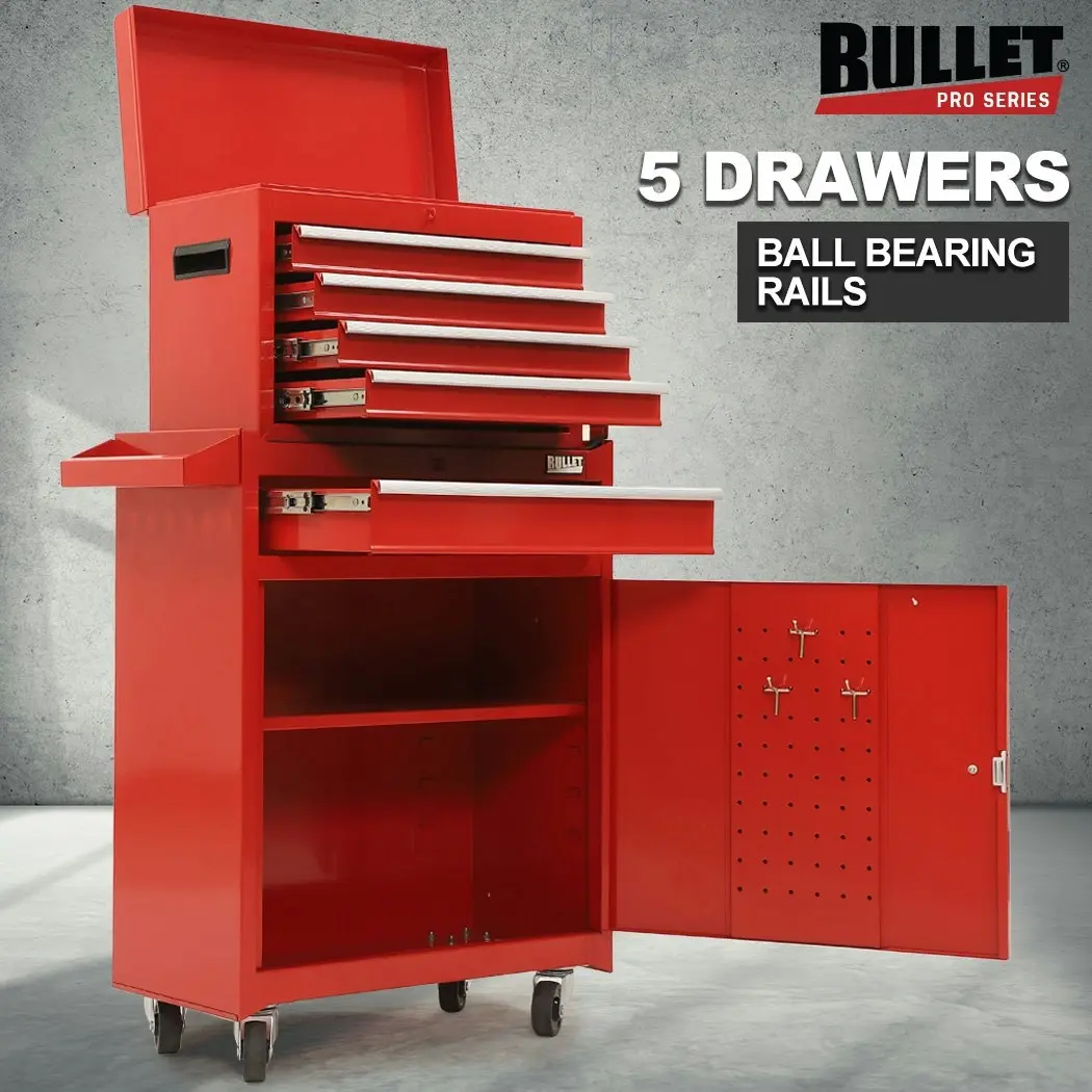 BULLET 5 Drawer Tool Box Cabinet Chest Storage, with 1-Door Toolbox Garage Organiser Set, Red