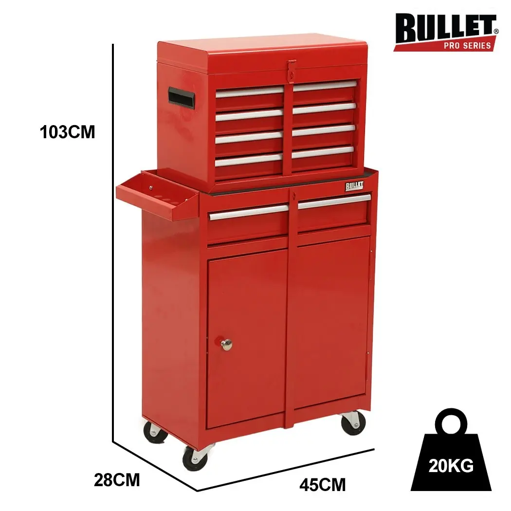 BULLET 5 Drawer Tool Box Cabinet Chest Storage, with 1-Door Toolbox Garage Organiser Set, Red